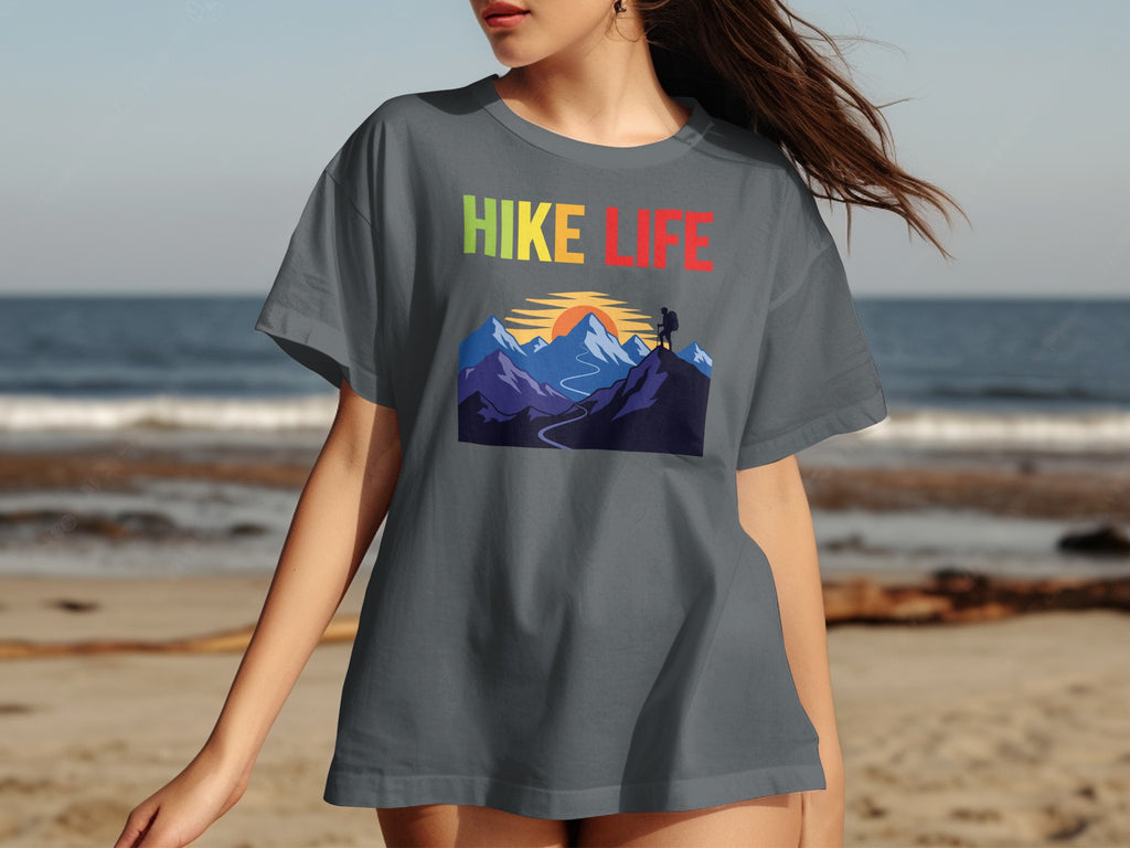 Dark grey t-shirt with "HIKE LIFE" and mountain hiker graphic.
