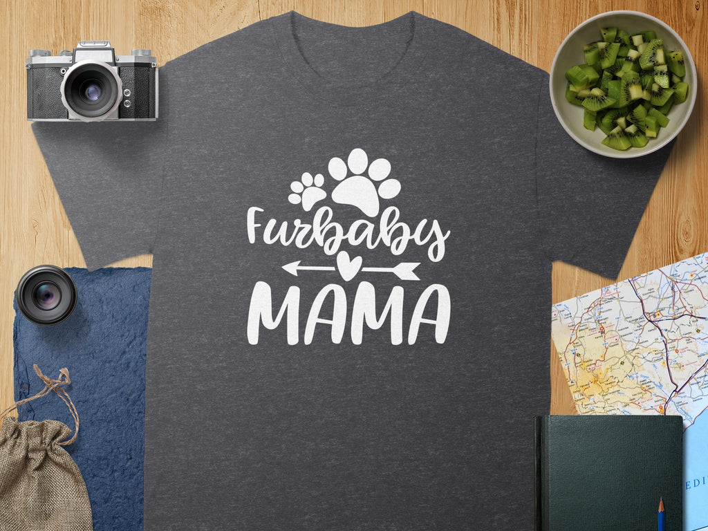 Dark gray t-shirt with white "Furbaby MAMA" text and paw prints.