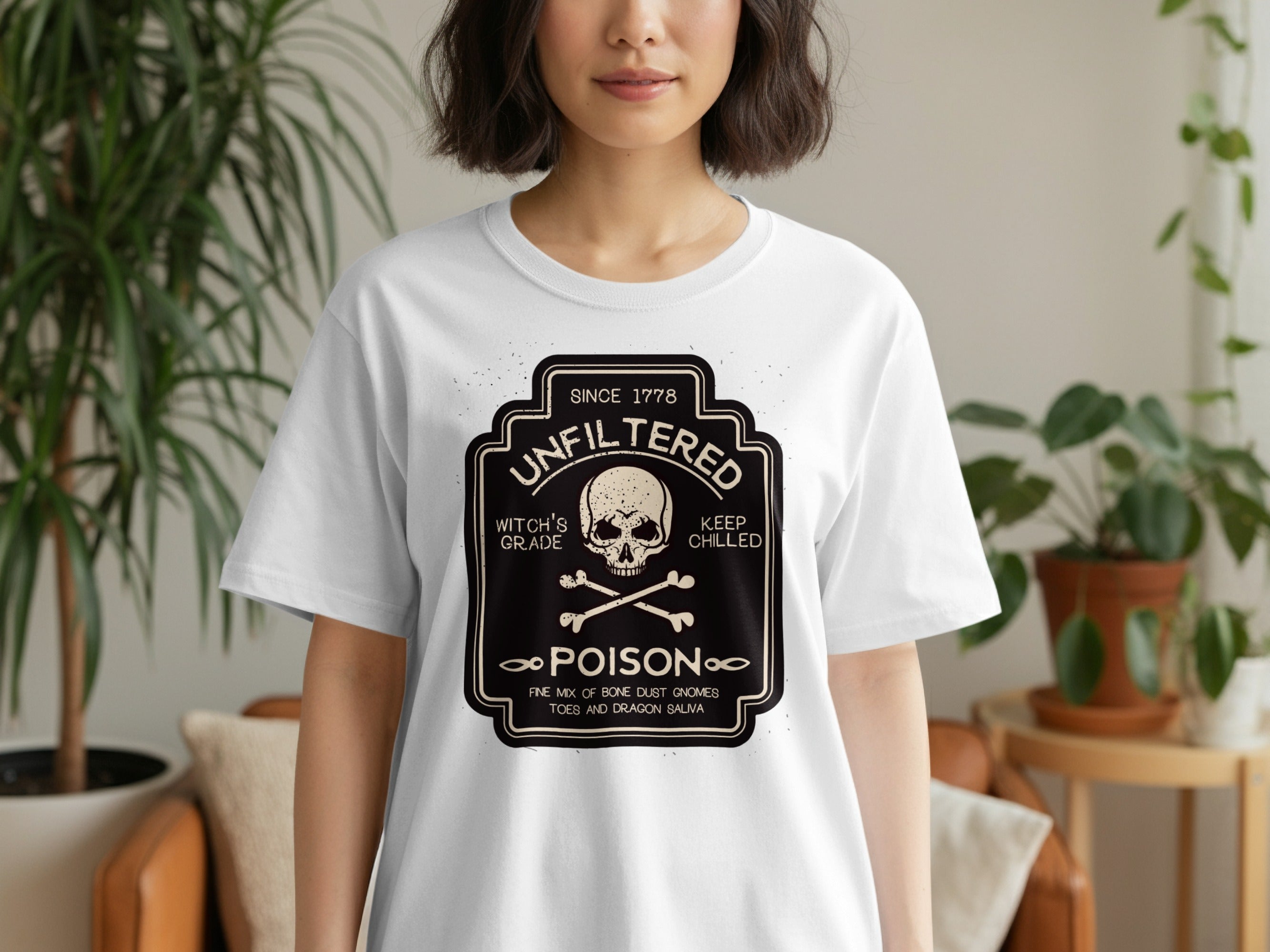 White t-shirt with "Unfiltered Poison" design featuring a skull and crossbones.