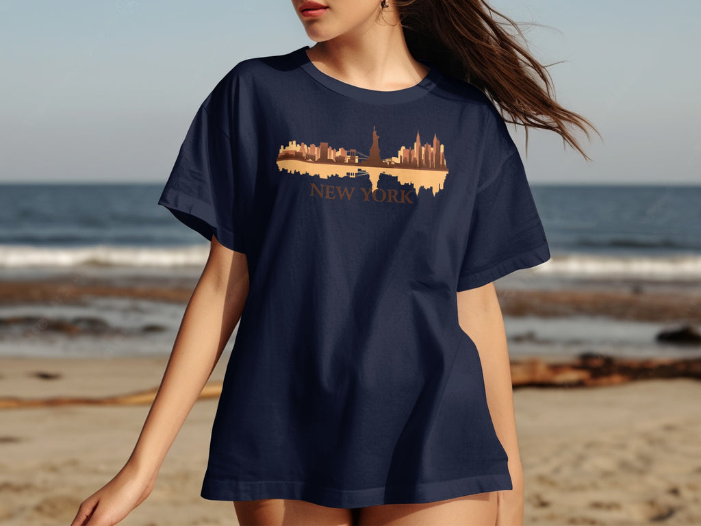 Navy t-shirt with New York City skyline and text graphic.