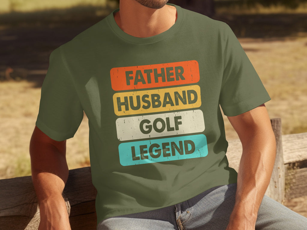 Green t-shirt with text: Father, Husband, Golf, Legend.