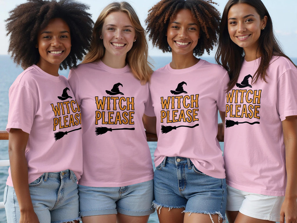 Four women in pink t-shirts with "Witch Please" and a witch hat graphic.