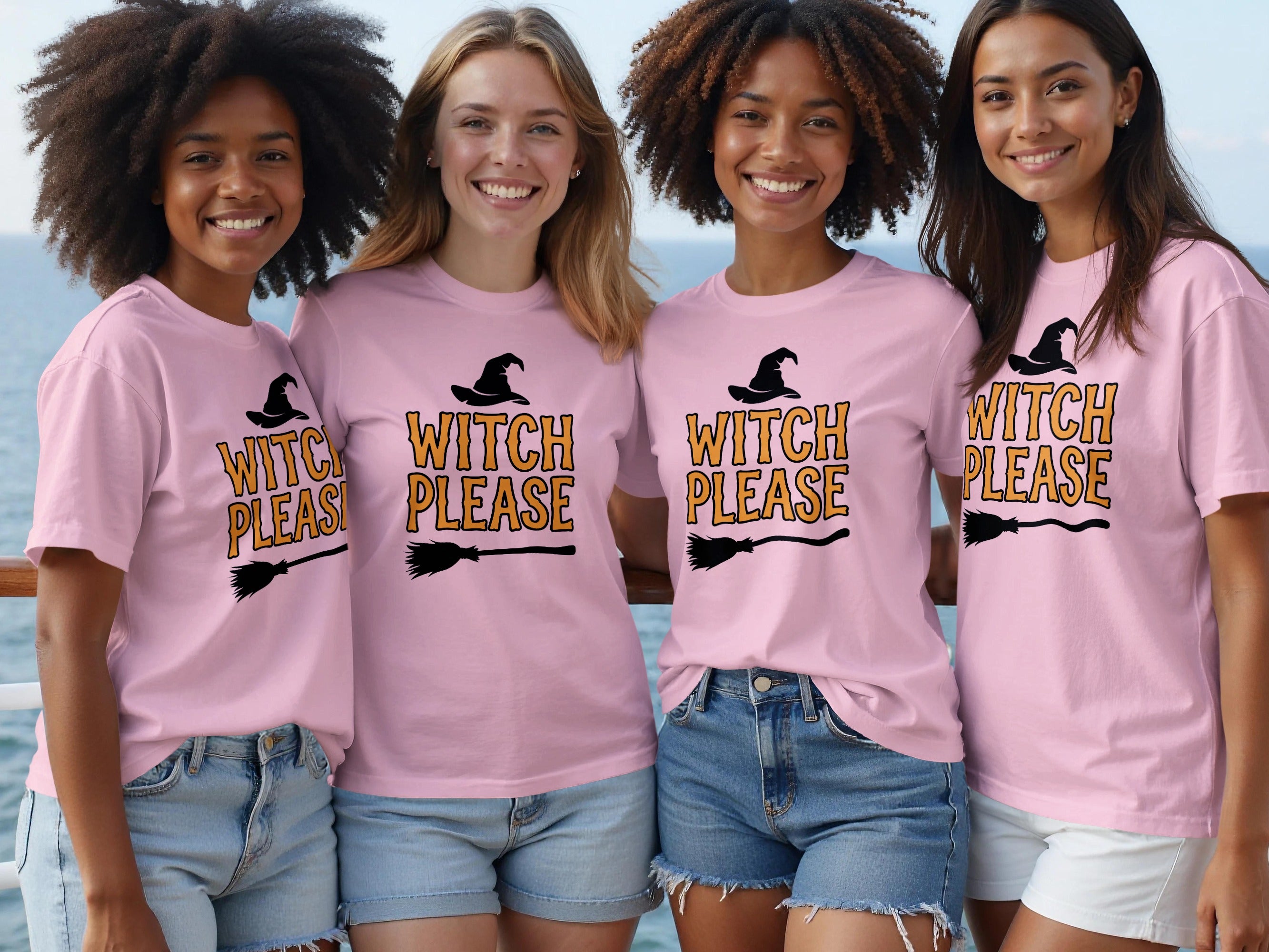 Four women in pink t-shirts with "Witch Please" and a witch hat graphic.