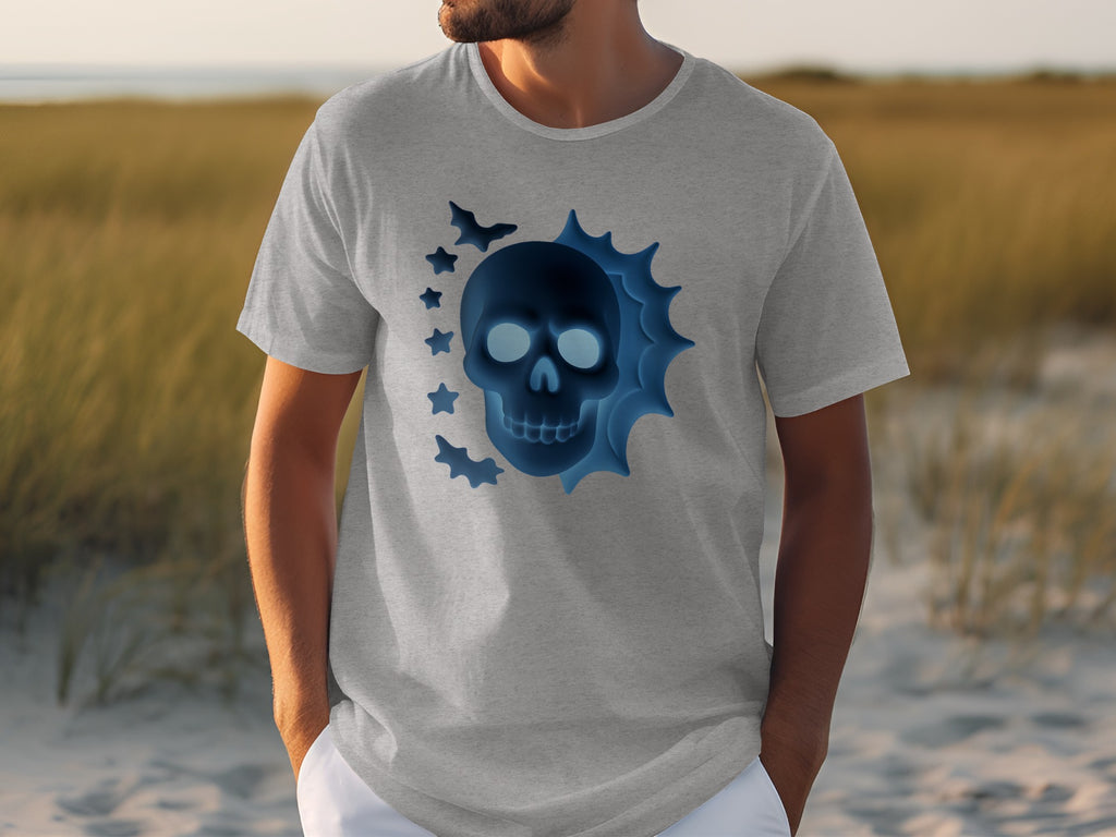 Grey t-shirt with a glowing blue skull and bats graphic on the chest.