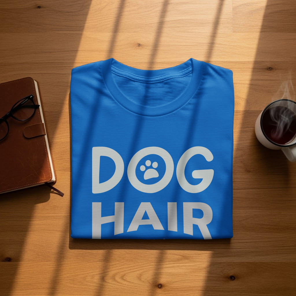 Blue t-shirt with "DOG HAIR" text and paw print on wooden surface.