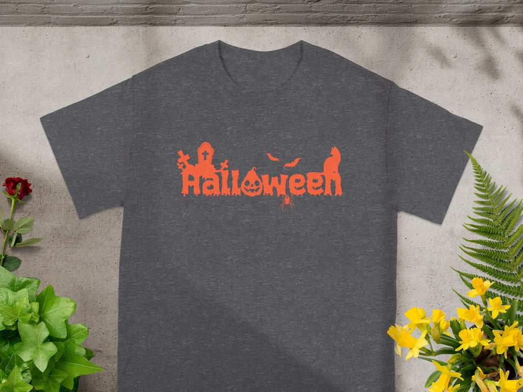 Dark gray t-shirt with orange Halloween graphic featuring a tombstone, bats, and a cat.