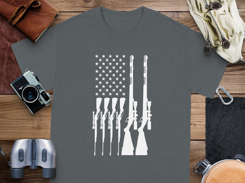 Grey t-shirt with white American flag design made of rifles.