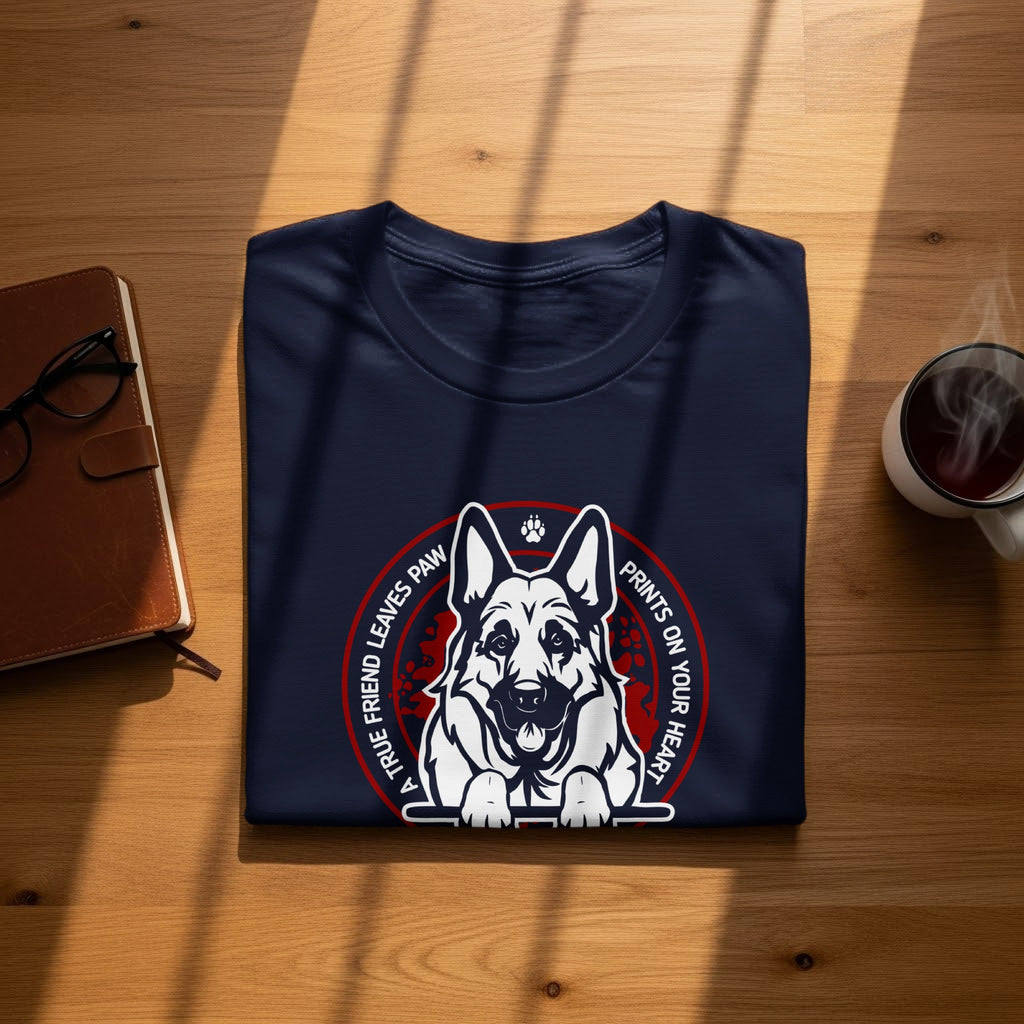 Navy t-shirt with German Shepherd graphic and text "A TRUE FRIEND LEAVES PAW PRINTS ON YOUR HEART"