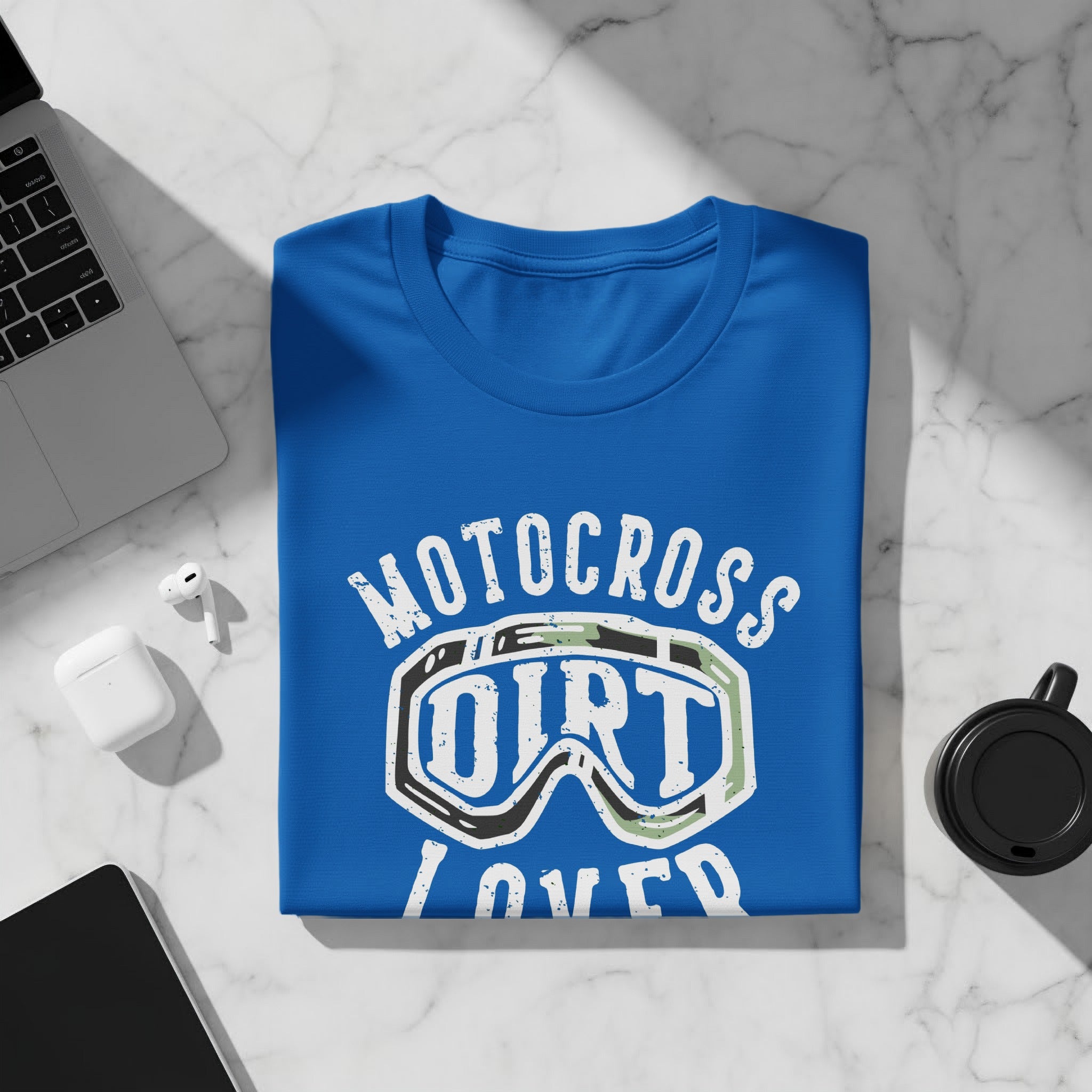 Blue t-shirt with graphic that reads "Motocross Dirt Lover"