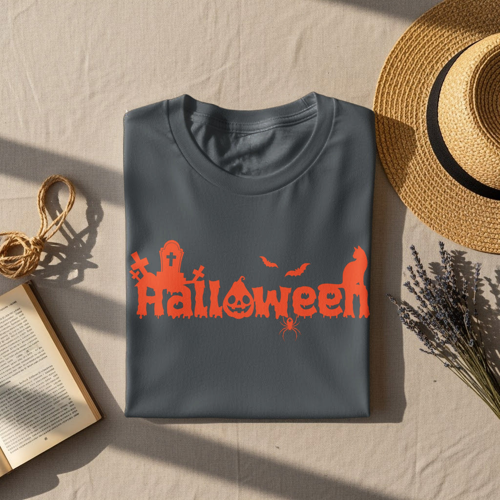 Gray t-shirt with orange Halloween graphic featuring gravestones, pumpkin, bats, spider, and cat.