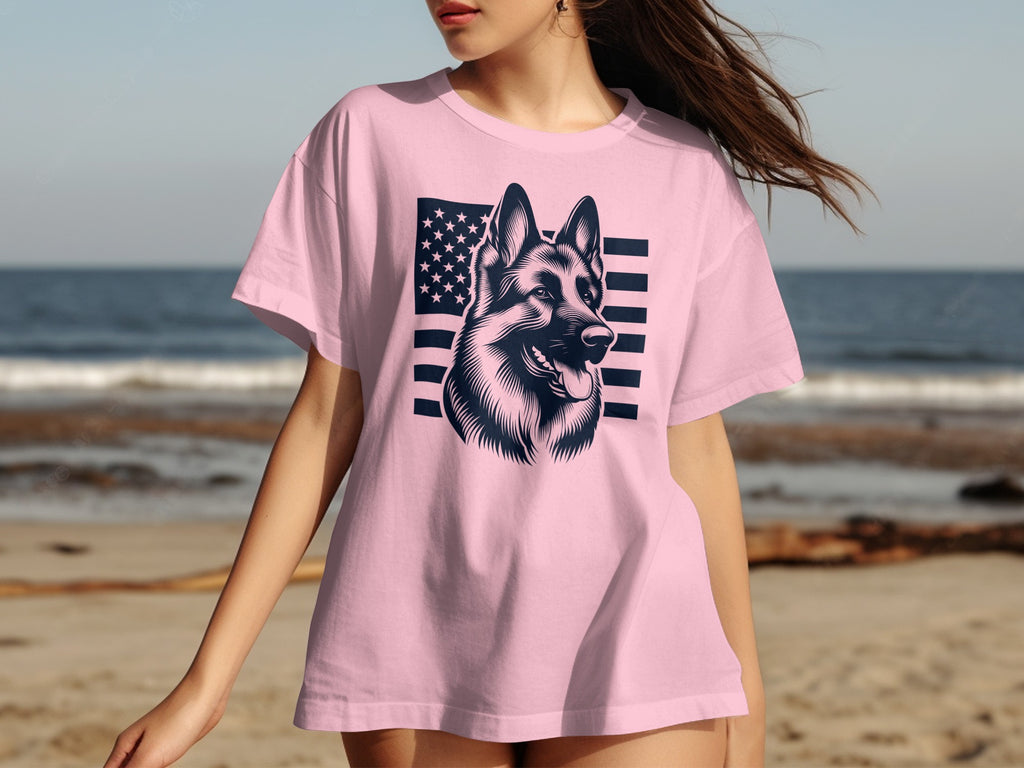 Pink t-shirt with a German Shepherd and American flag graphic.