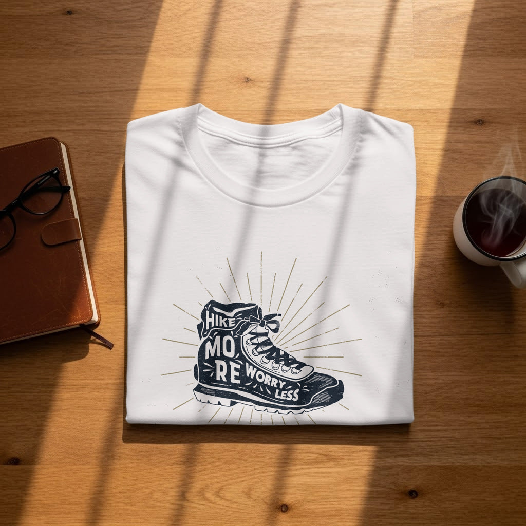 White t-shirt with a navy hiking boot graphic: "Hike More, Worry Less"