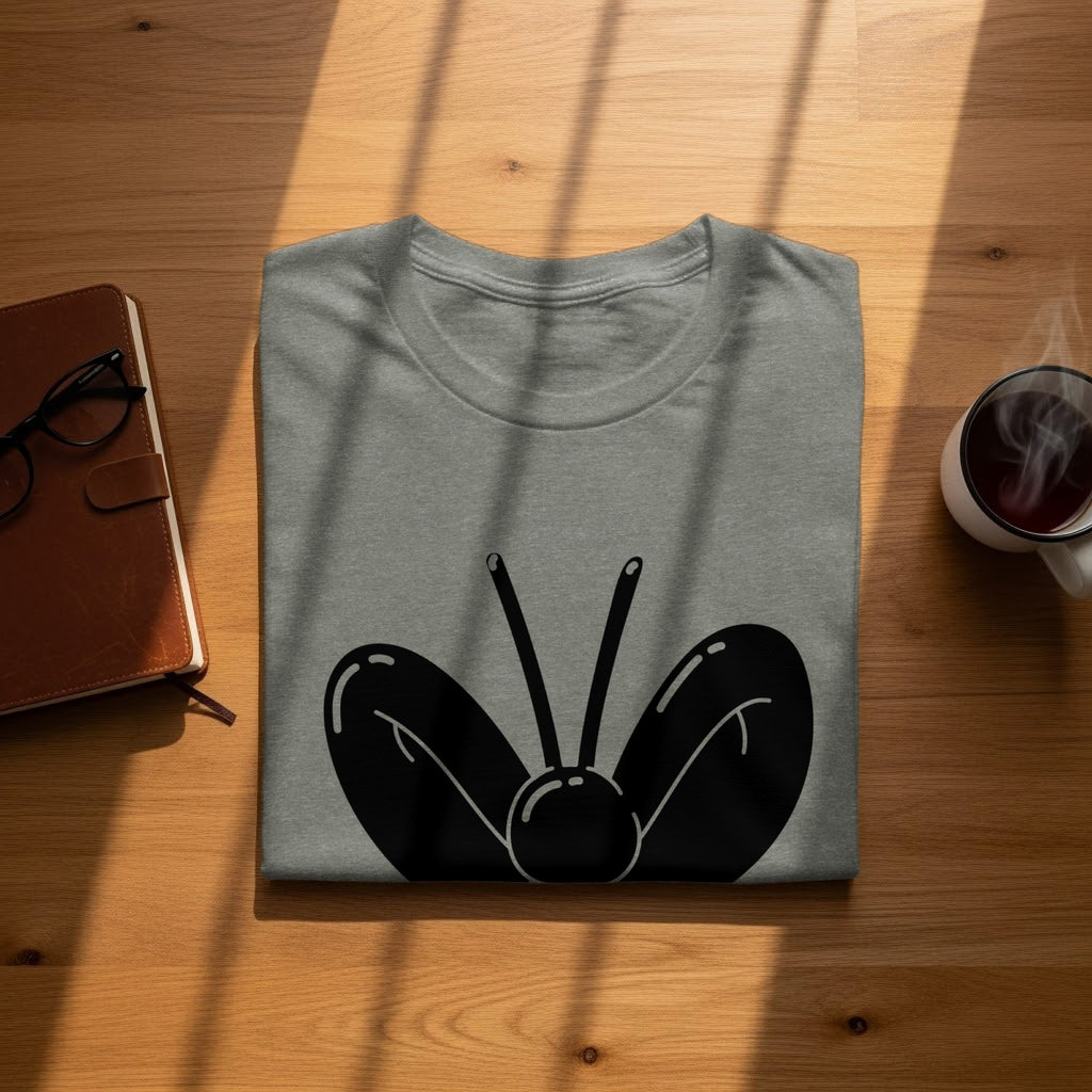 Gray t-shirt with black butterfly graphic, notebook, glasses, and coffee cup on wooden table.