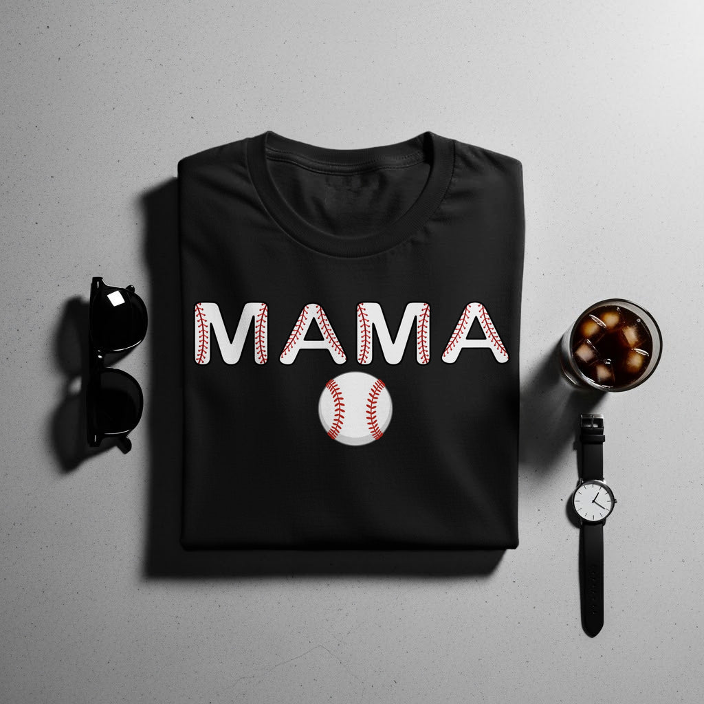 Black t-shirt with "MAMA" text in baseball stitching and a baseball graphic.