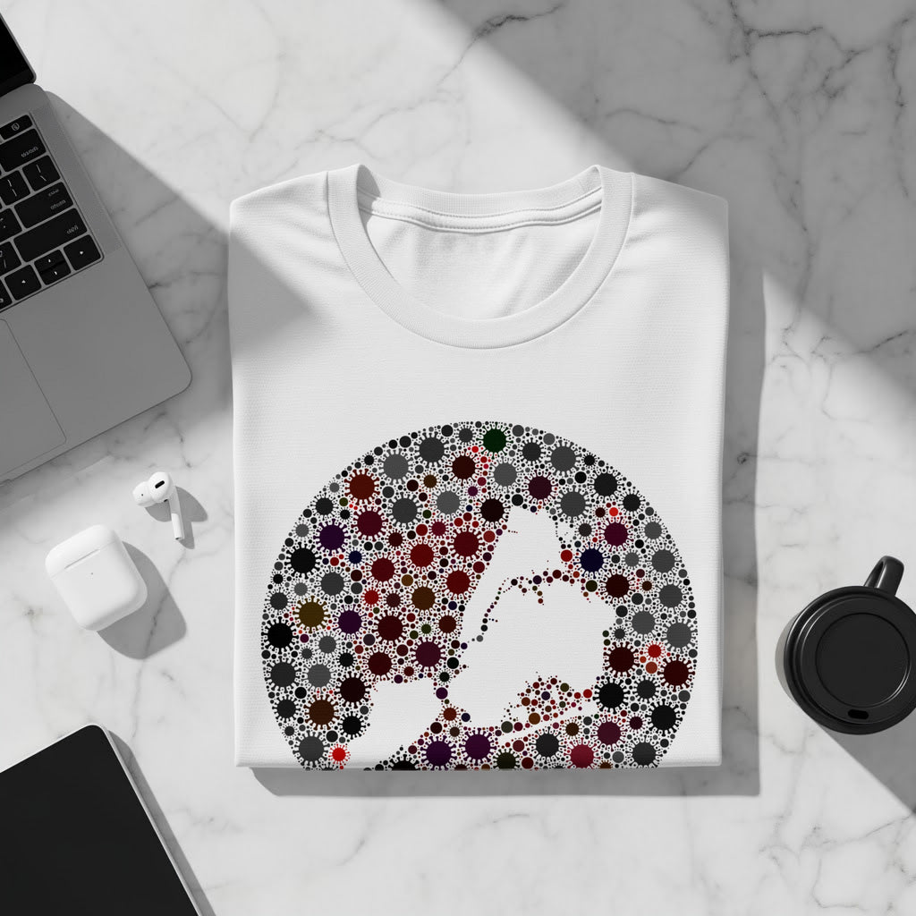 White t-shirt with a circular design of coronavirus-like shapes forming a human silhouette.