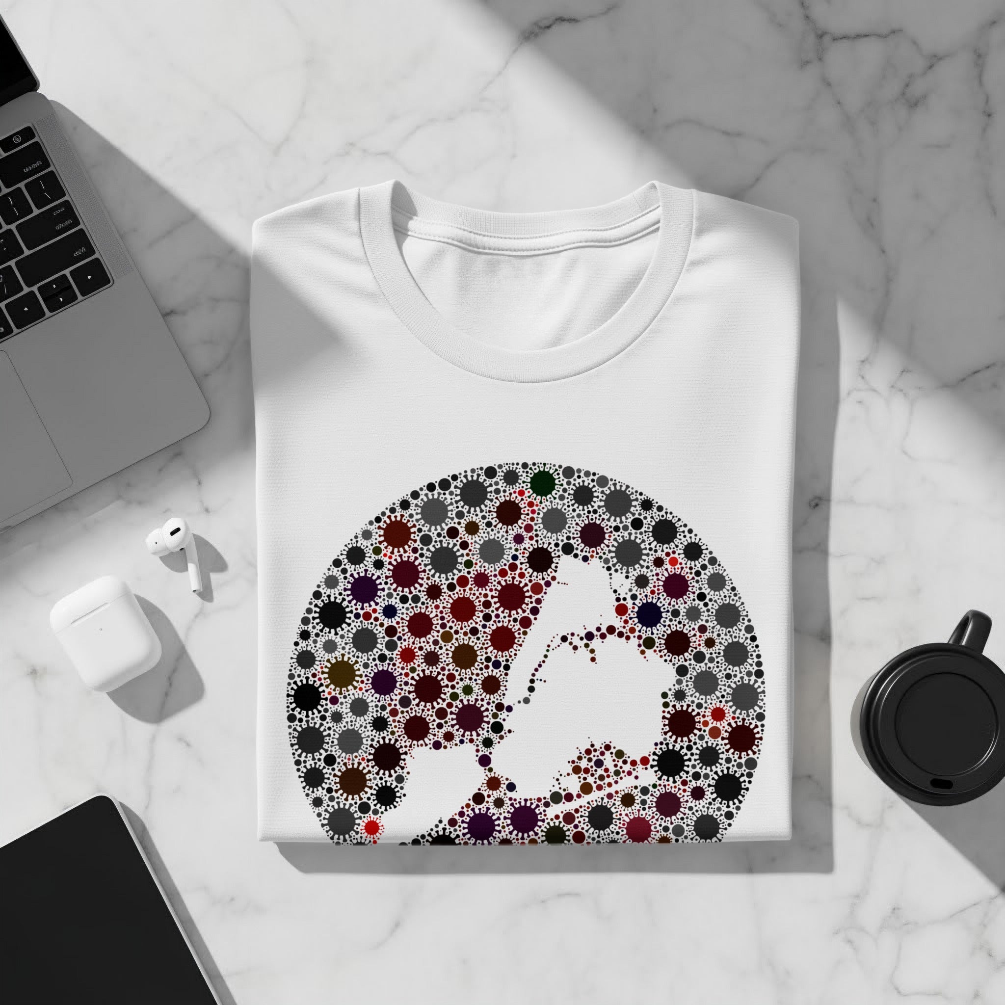 White t-shirt with a circular design of coronavirus-like shapes forming a human silhouette.
