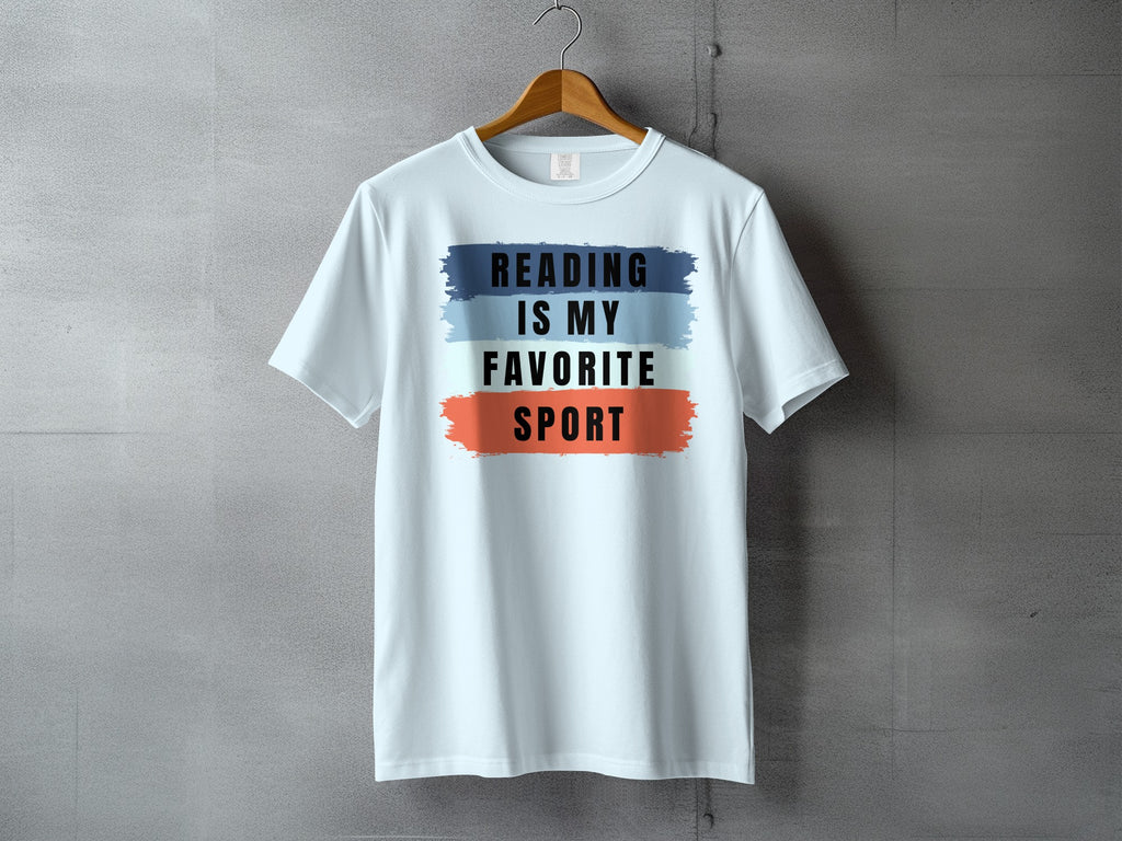 Light blue t-shirt with "Reading is my favorite sport" text.