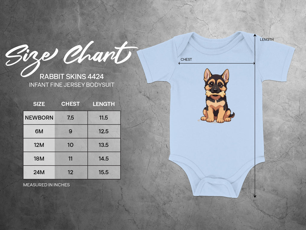 Rabbit Skins 4424 infant bodysuit size chart with chest and length measurements.