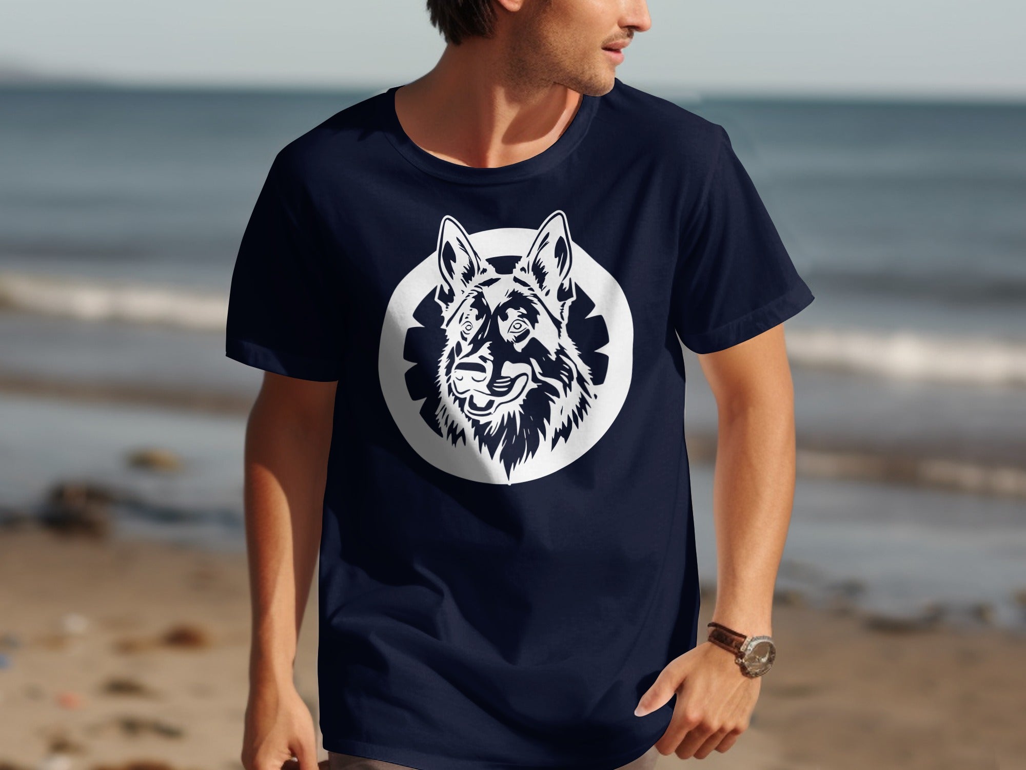 Navy t-shirt with a white German Shepherd head graphic in a circle.