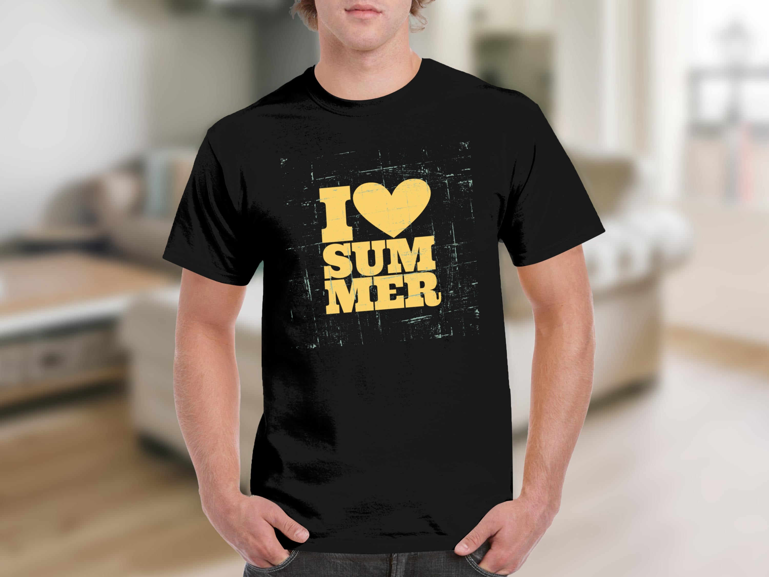 Black t-shirt with yellow "I heart SUMMER" graphic in distressed font