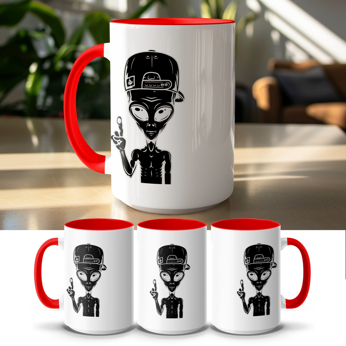 White mug with red interior and handle featuring a black alien with a backwards baseball cap.
