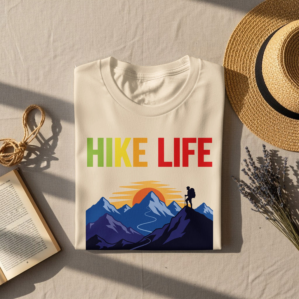 Cream t-shirt with "HIKE LIFE" text and mountain landscape graphic.