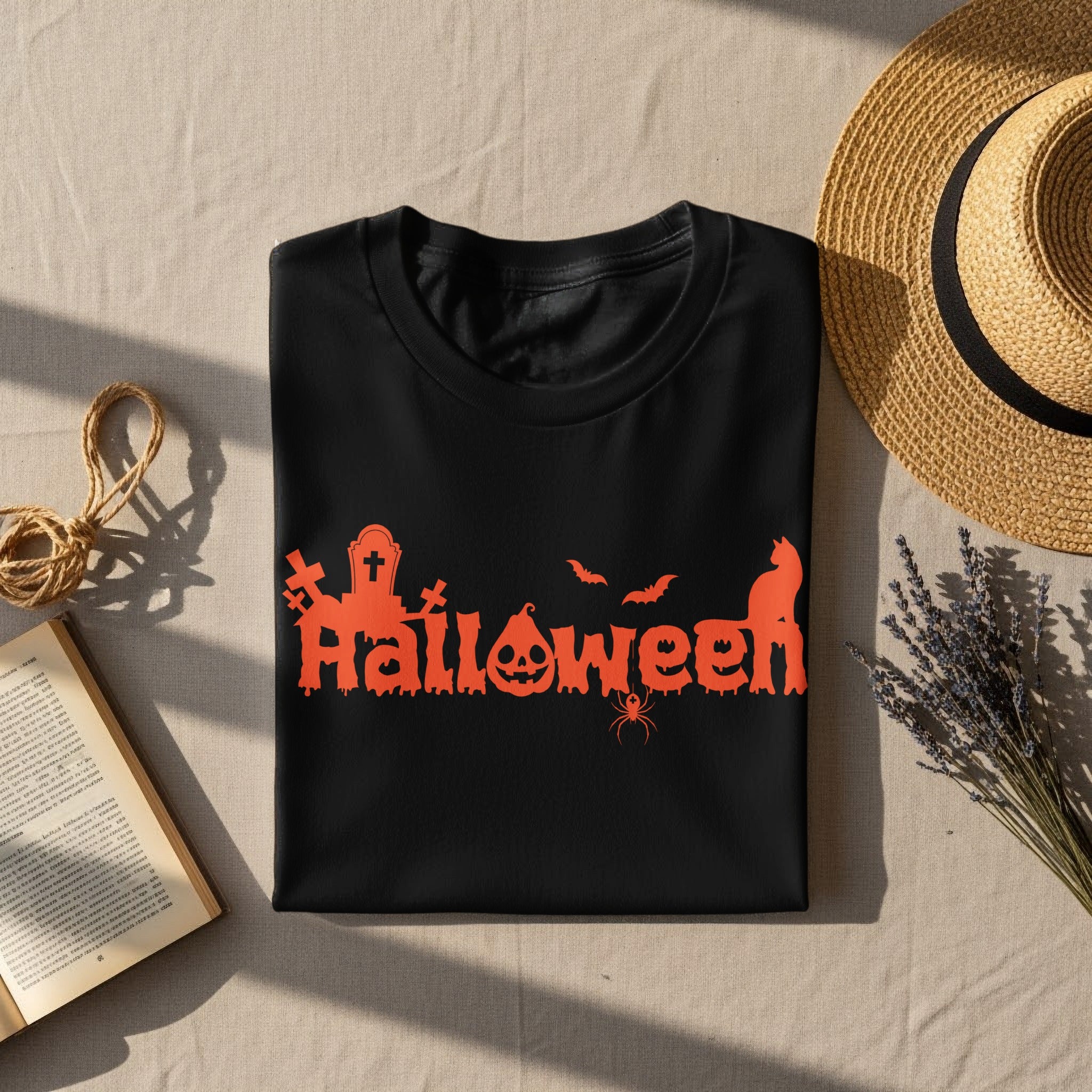 Black t-shirt with orange Halloween graphic featuring spooky icons and dripping lettering.