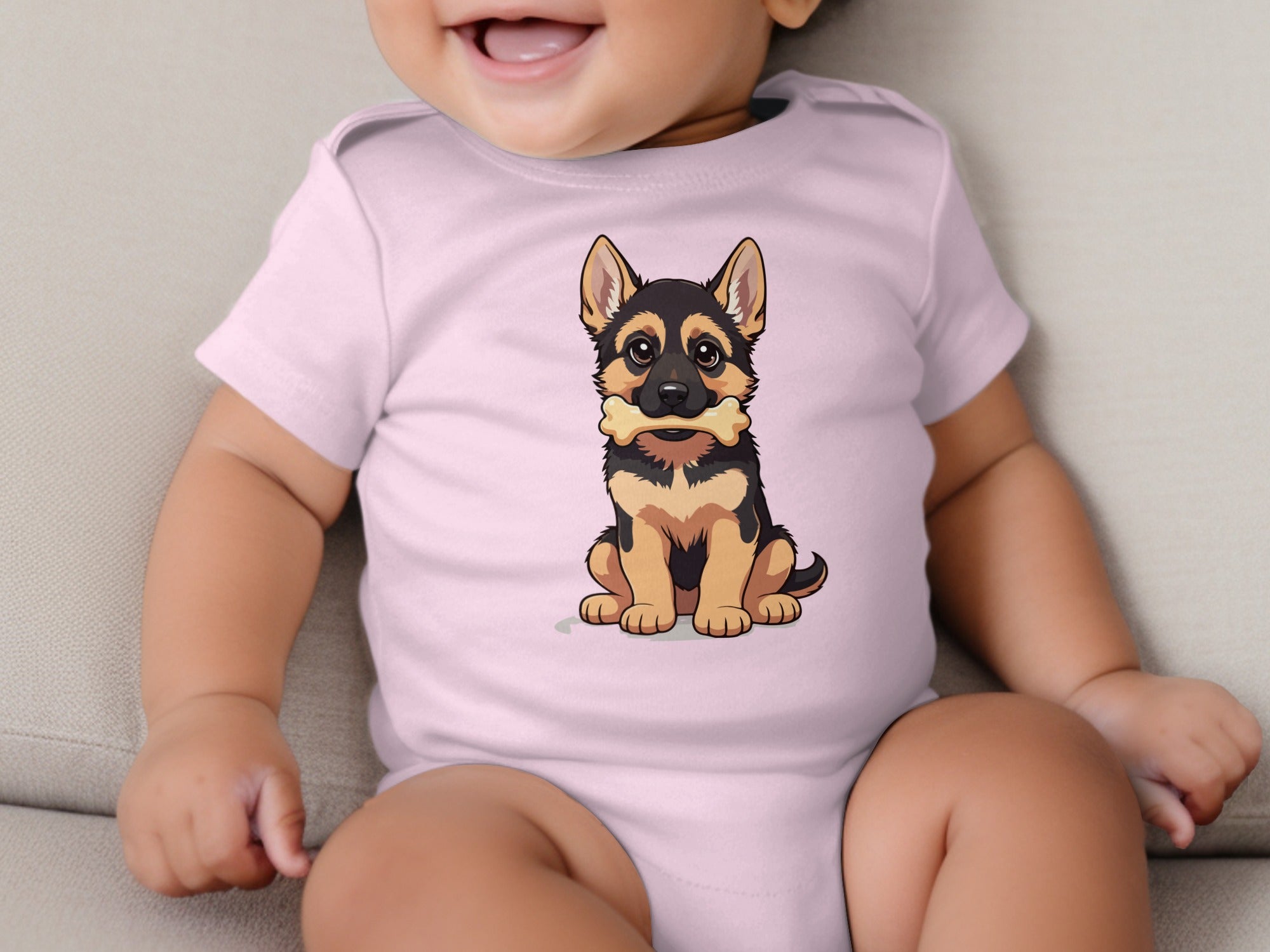 Baby wearing pink onesie with cartoon German Shepherd puppy holding bone graphic.