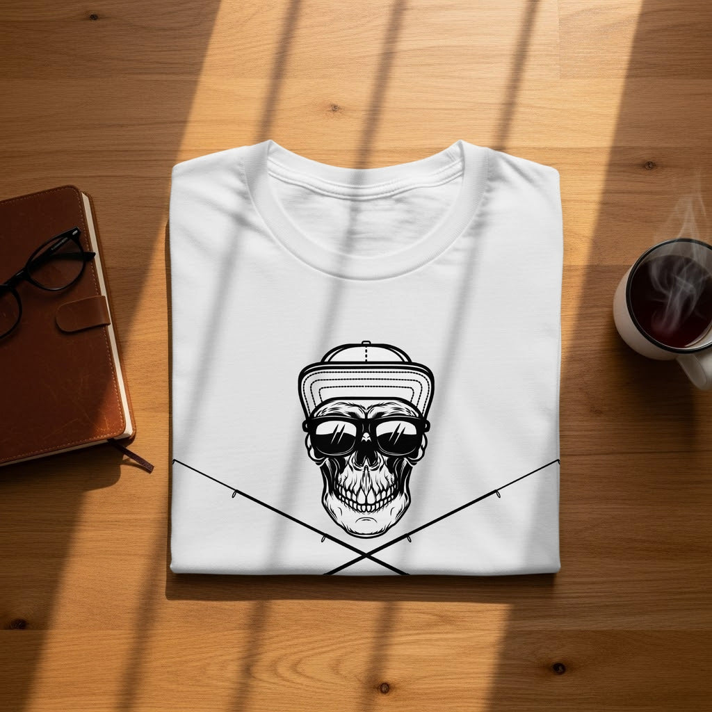 White t-shirt with skull graphic wearing sunglasses and a hat, crossed fishing rods.
