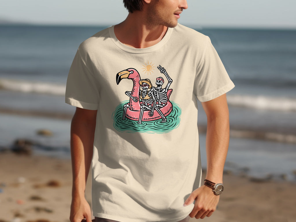 Skeleton couple rides a flamingo float under a sunny sky.