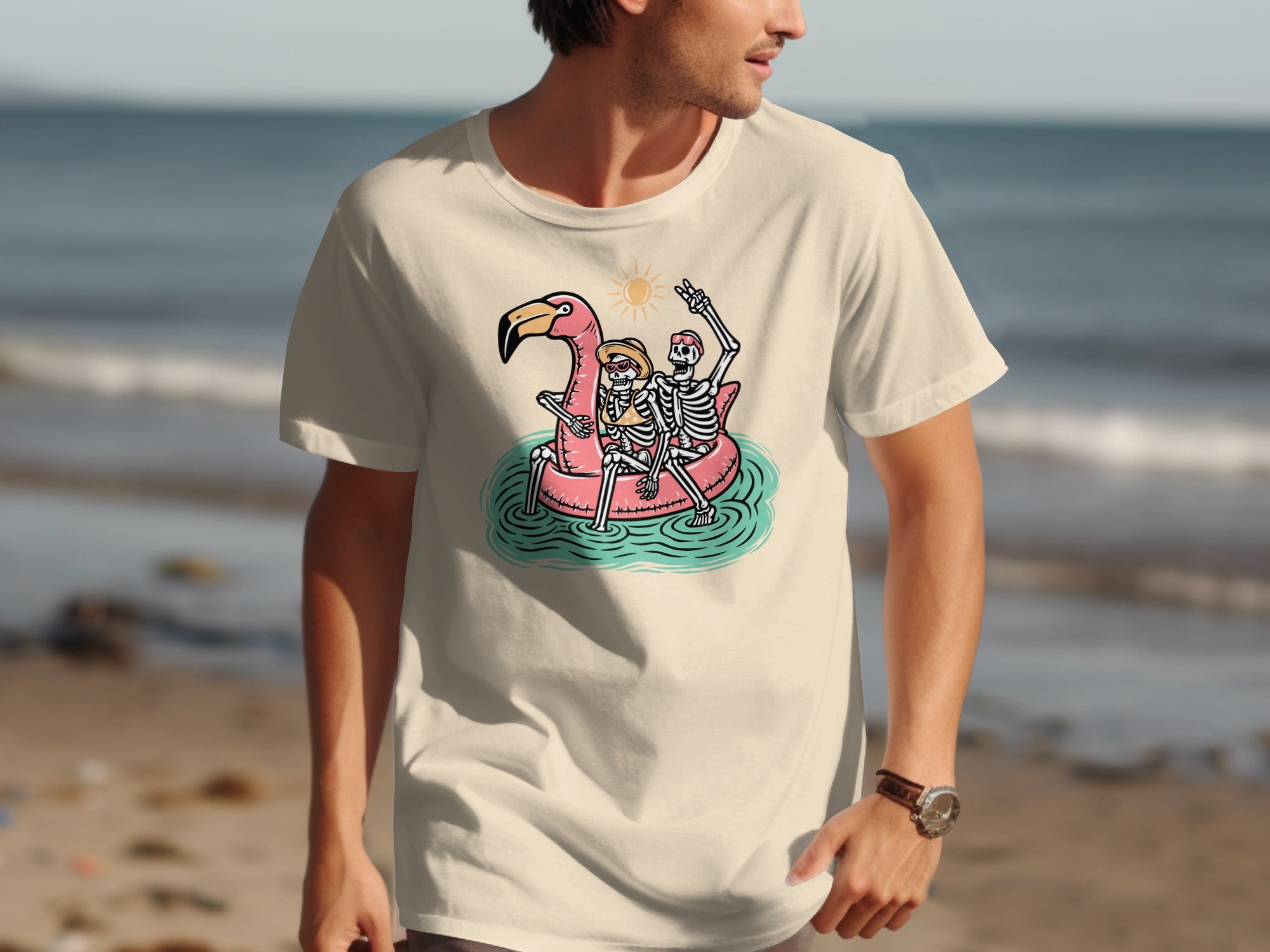 Skeleton couple rides a flamingo float under a sunny sky.