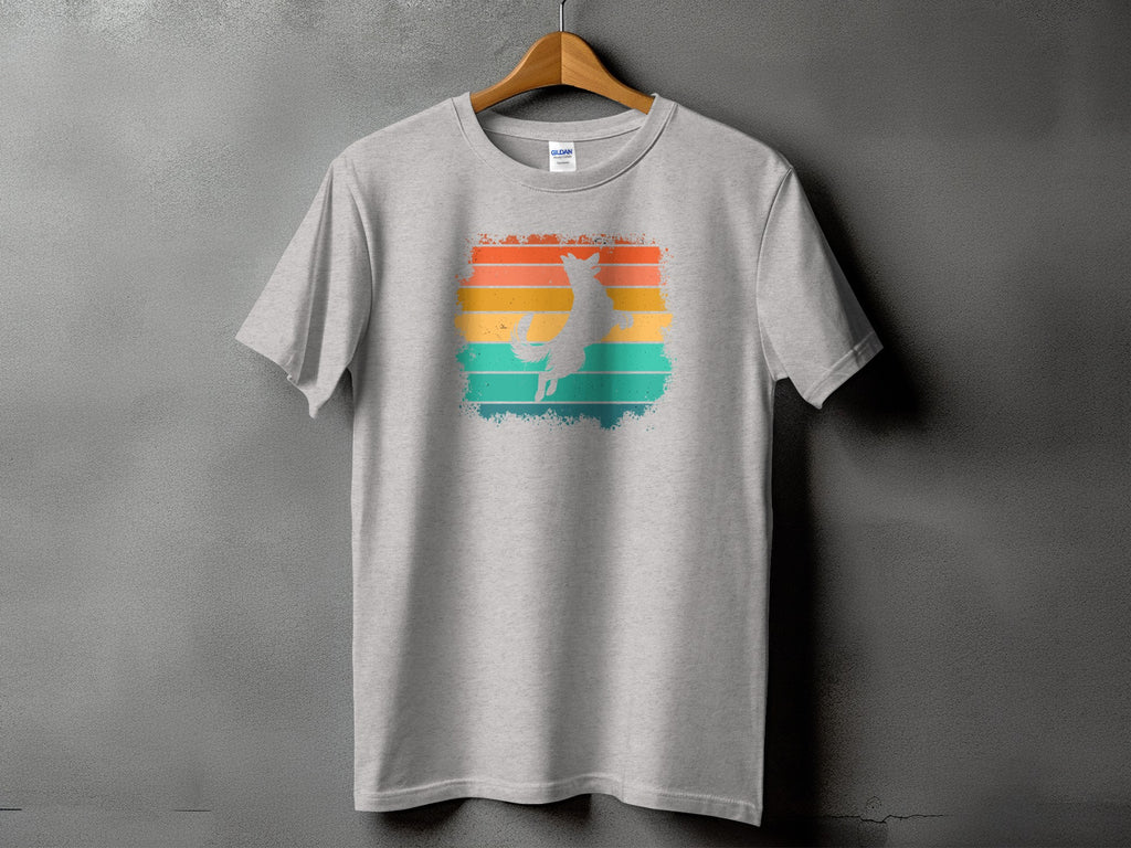 Grey t-shirt with a grey dog silhouette graphic on a retro striped background.