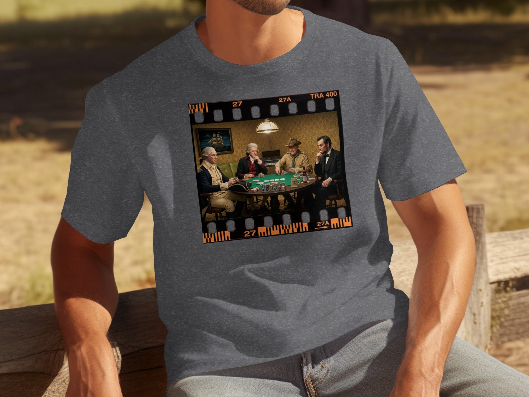 Historical figures playing poker in a film frame design.
