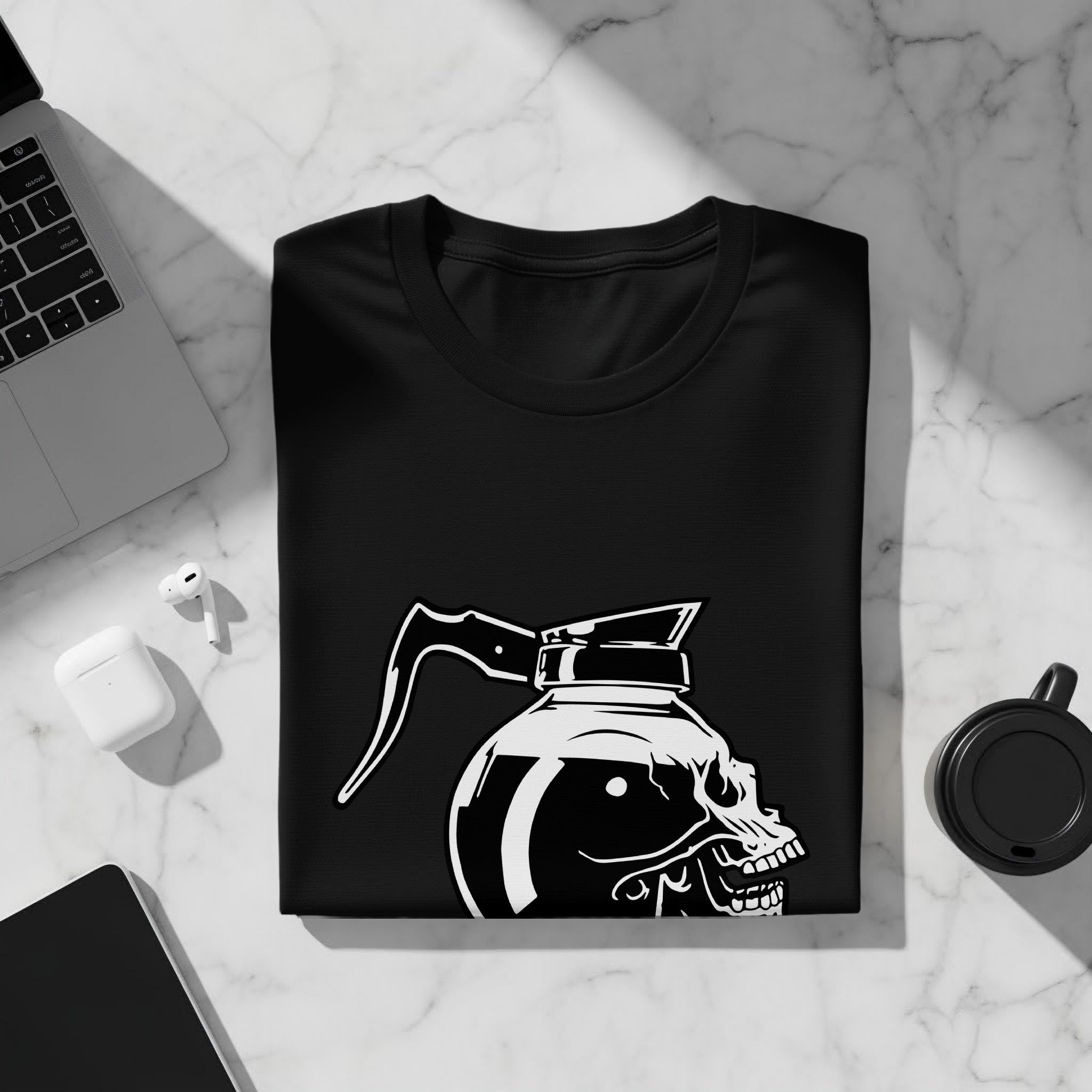 Black t-shirt with a white graphic of a skull combined with a coffee pot.