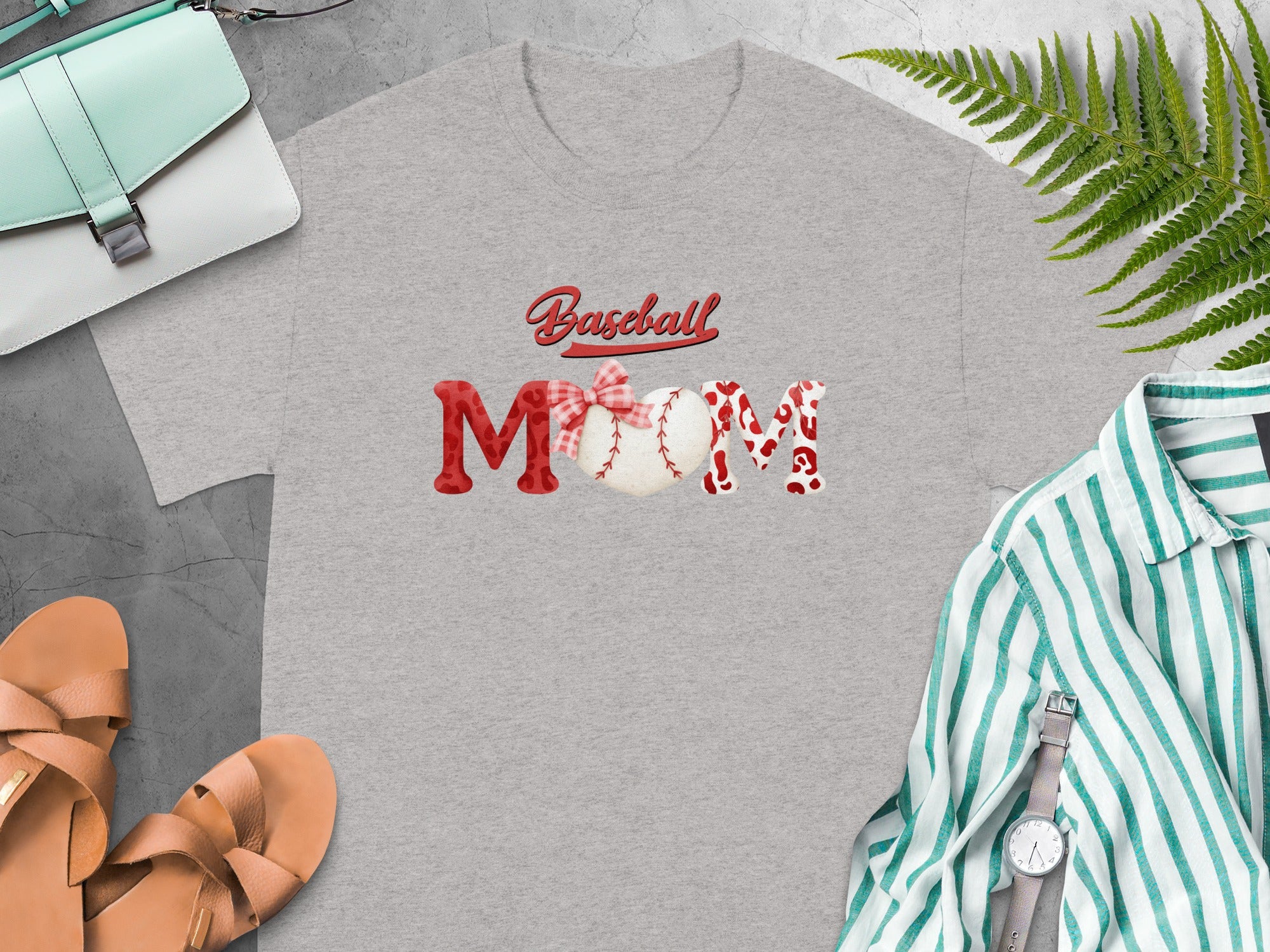 Gray t-shirt with "Baseball Mom" text and baseball graphics.