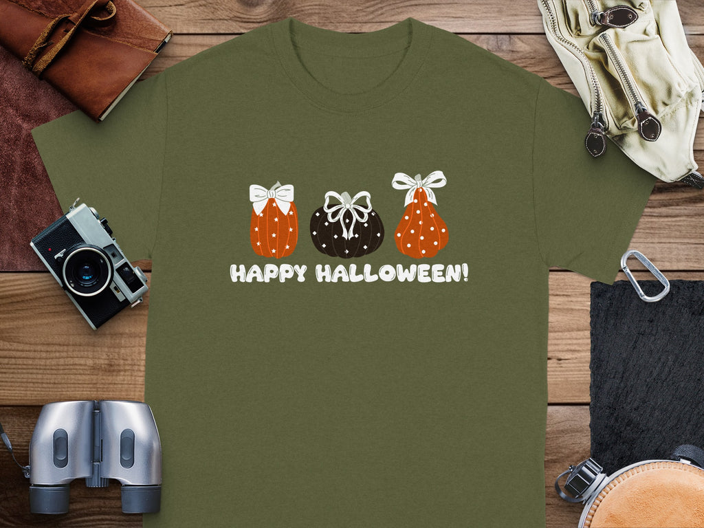 Green t-shirt with three pumpkins and "Happy Halloween!" text.