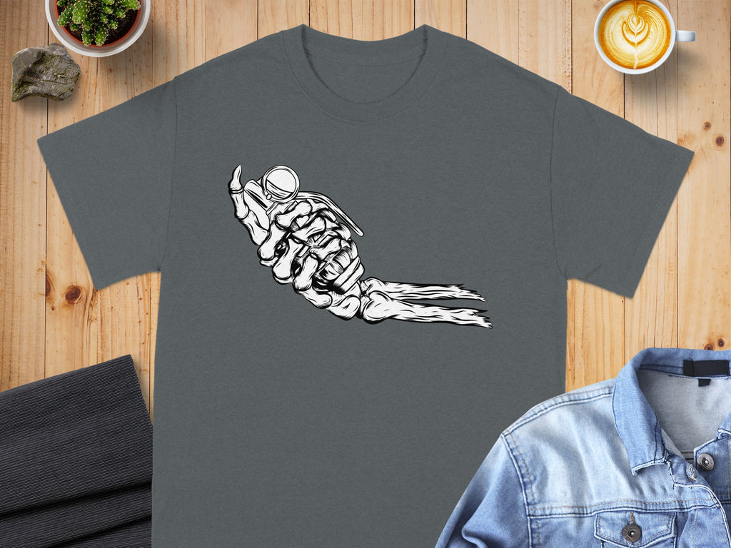 Dark grey t-shirt with white skeleton hand holding a grenade graphic.