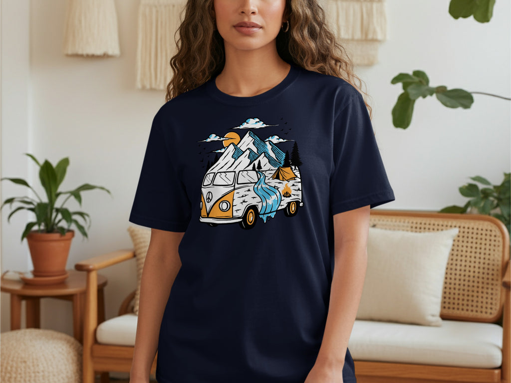Navy t-shirt with a retro van, mountains, sun, river, and tent graphic.