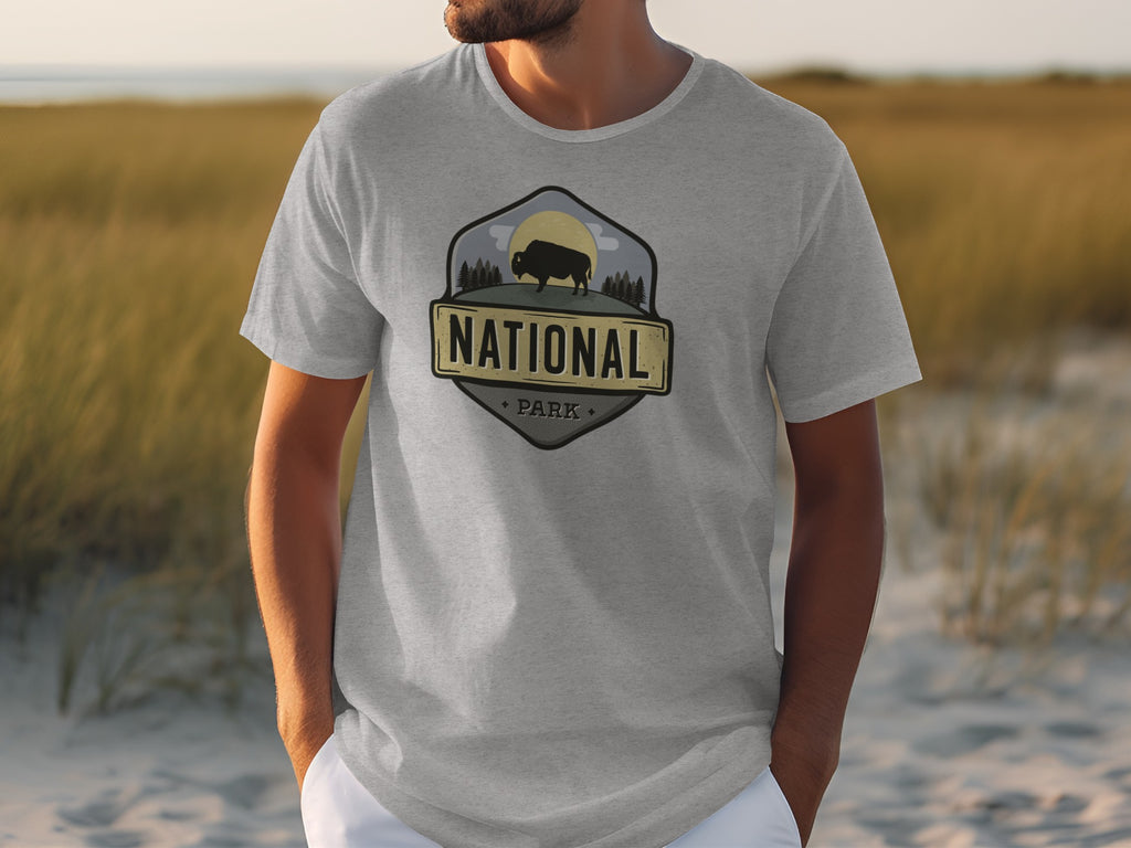 Grey t-shirt with a "National Park" logo featuring a bison and trees.