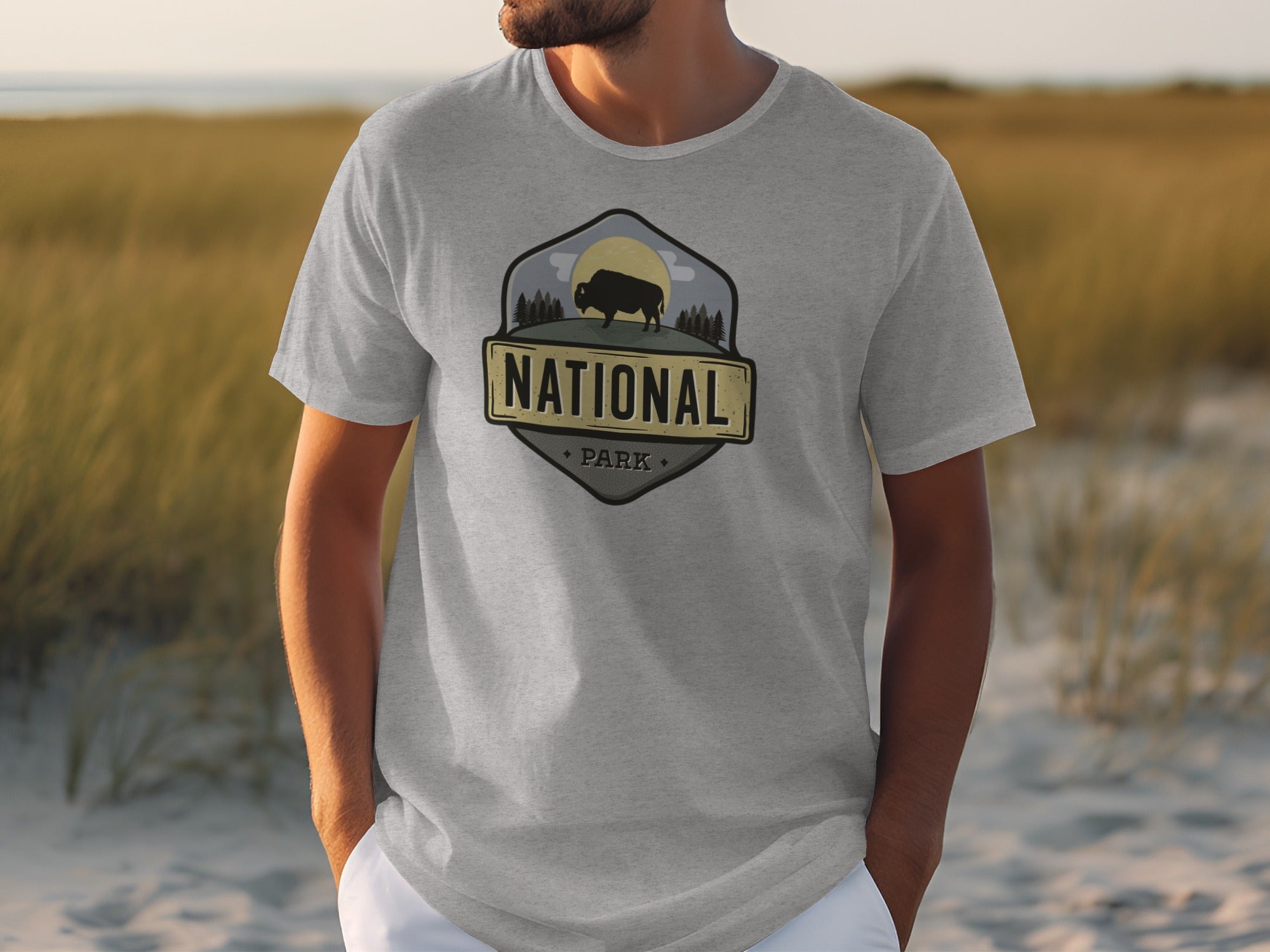 Grey t-shirt with a "National Park" logo featuring a bison and trees.