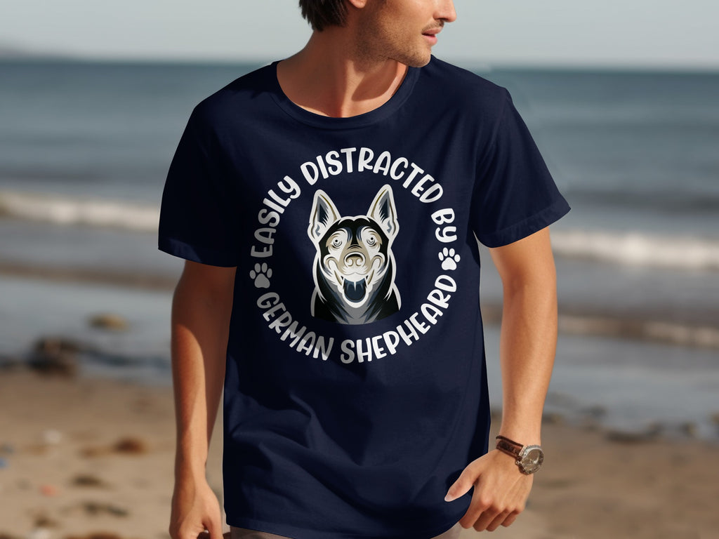 Dark blue t-shirt with "Easily Distracted By German Shepherd" text and dog graphic.