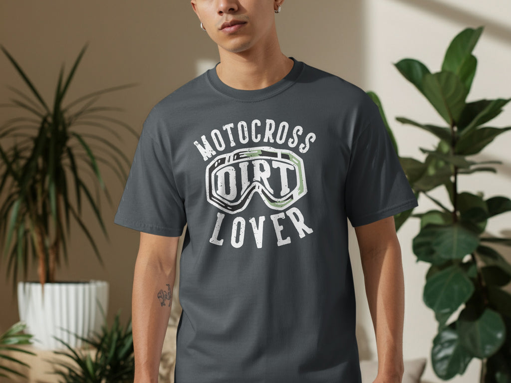 Dark grey t-shirt with distressed "Motocross Dirt Lover" graphic and goggles design.