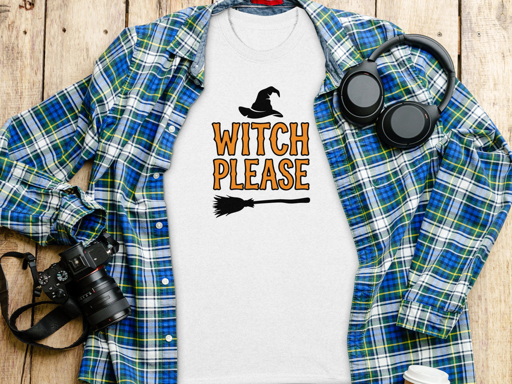 White t-shirt with "WITCH PLEASE" text, witch hat, and broomstick graphic.