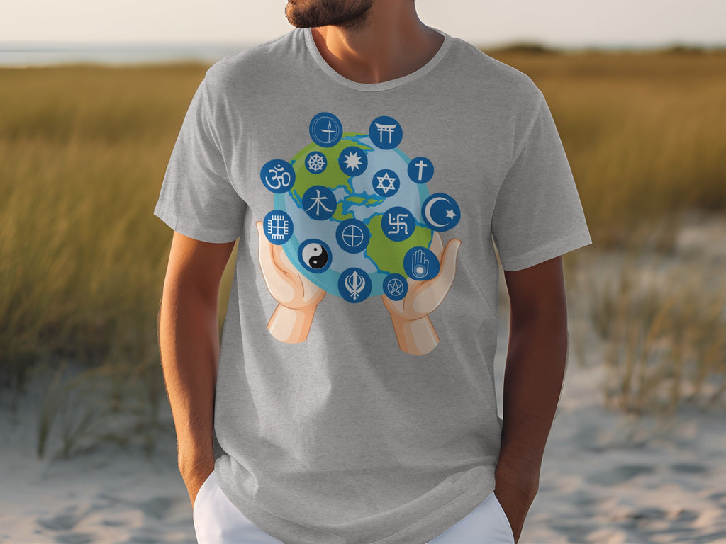 Gray t-shirt with diverse religious and cultural symbols around a globe.