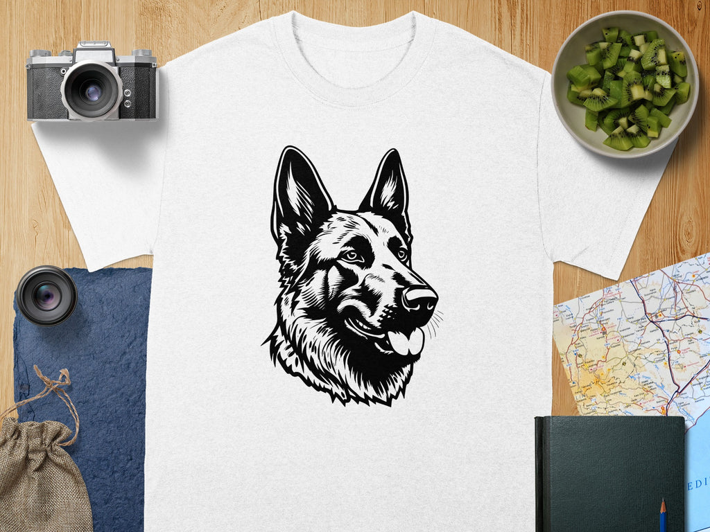 White t-shirt with black German Shepherd graphic on the chest.