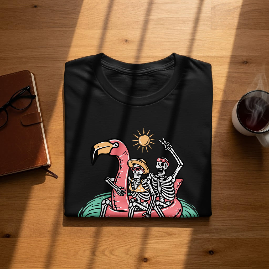 Black t-shirt design featuring skeletons riding a pink flamingo float with a sun and water.