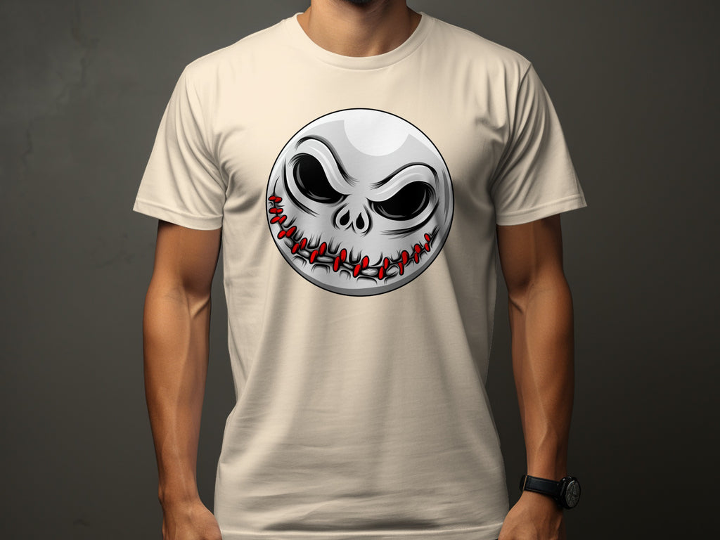 Jack Skellington's stitched smile face on a beige t-shirt.