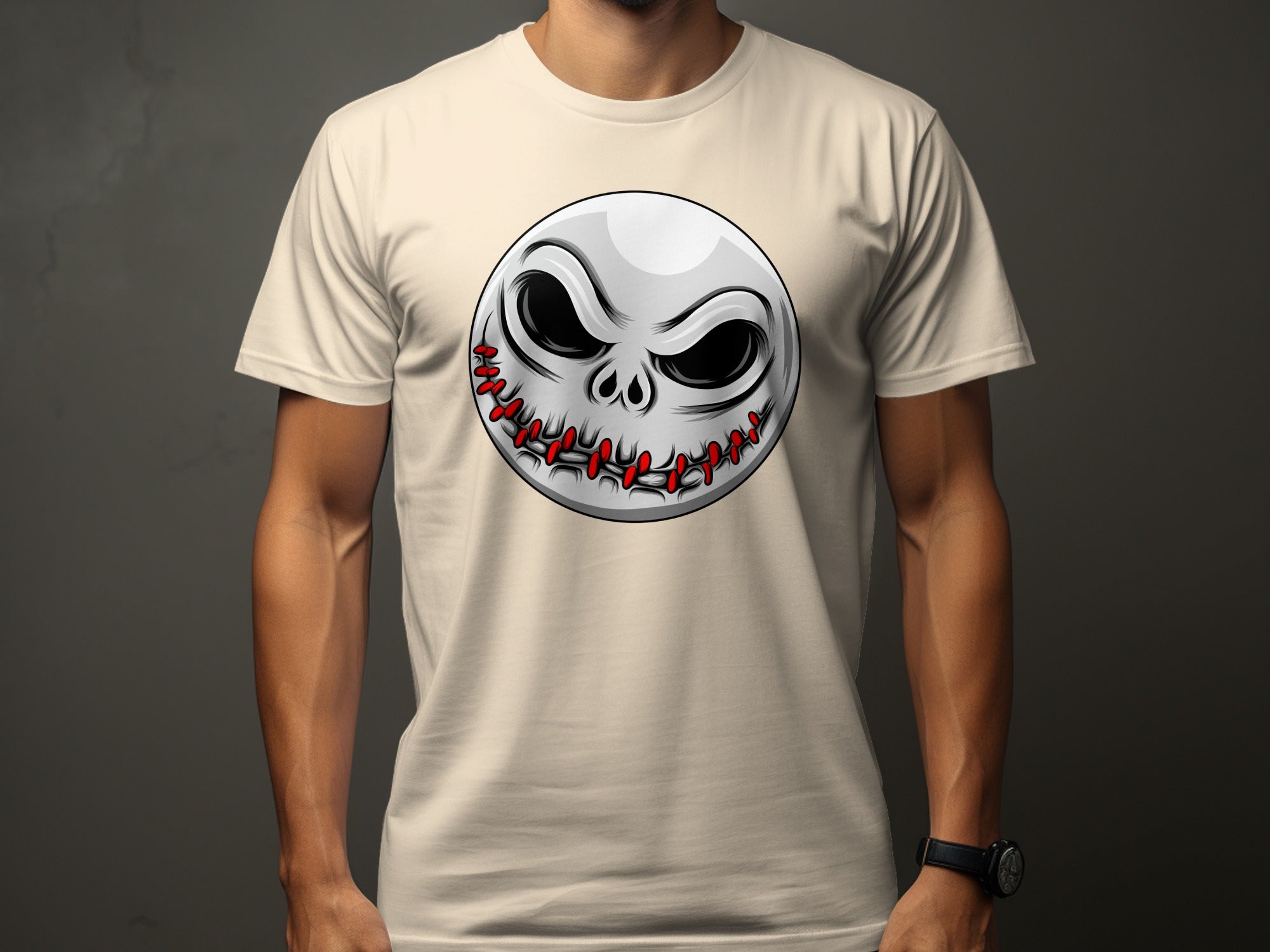 Jack Skellington's stitched smile face on a beige t-shirt.