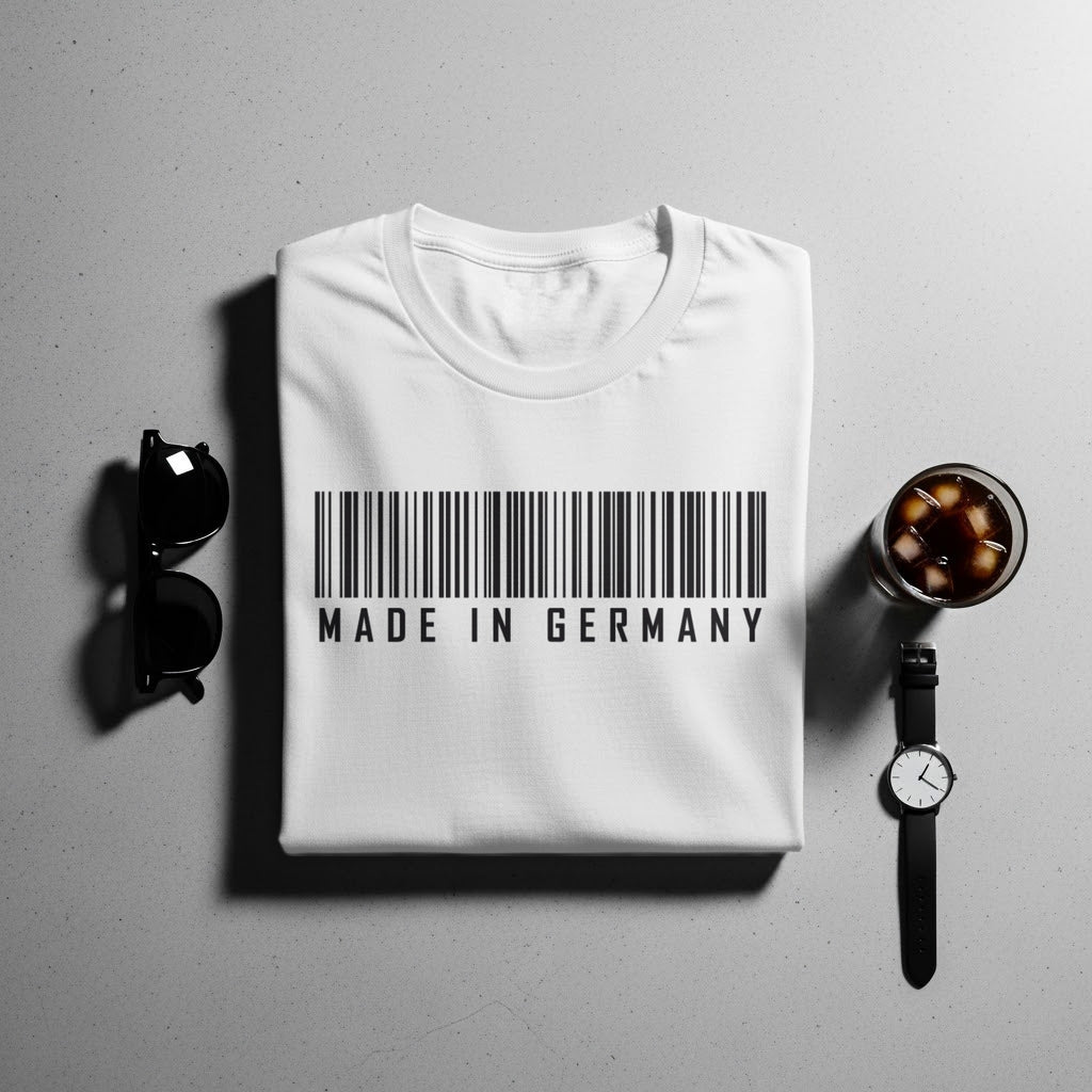 White t-shirt with barcode and "MADE IN GERMANY" text, sunglasses, and drink.