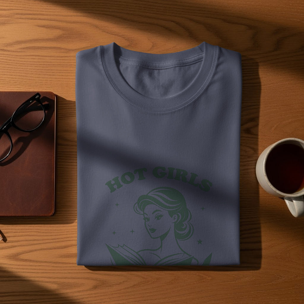 Dark blue t-shirt with green "Hot Girls" text and reading woman graphic.